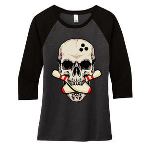 Bowling Pins Retro Skull Skeleton Head Bowling Ball Women's Tri-Blend 3/4-Sleeve Raglan Shirt