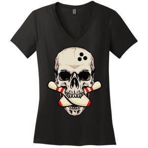 Bowling Pins Retro Skull Skeleton Head Bowling Ball Women's V-Neck T-Shirt