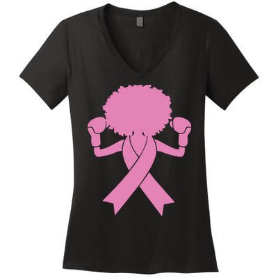 Boxing Pink Ribbon African American Breast Cancer Women's V-Neck T-Shirt