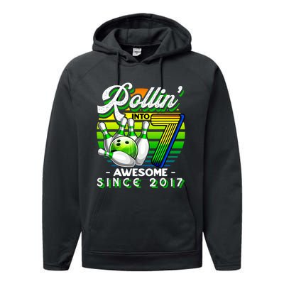 Bowling Party Rollin 7 Awesome 2017 Retro 7th Birthday Performance Fleece Hoodie