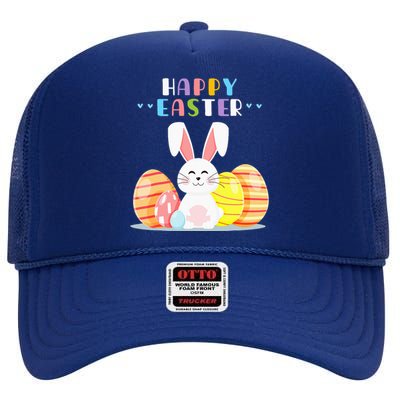 Bunny Pastel Spring Hunt Eggs Rabbit Happy Easter Day Outfit High Crown Mesh Back Trucker Hat