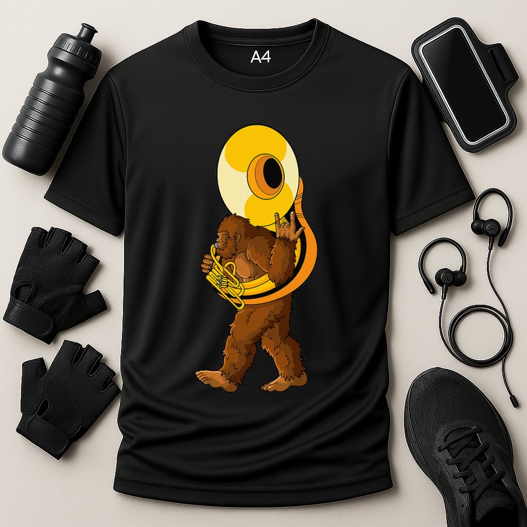 Bigfoot Playing Sousaphone Instrument Tuba Cooling Performance Crew T-Shirt