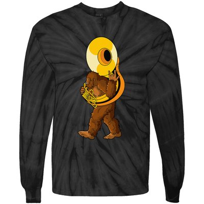 Bigfoot Playing Sousaphone Instrument Tuba Tie-Dye Long Sleeve Shirt