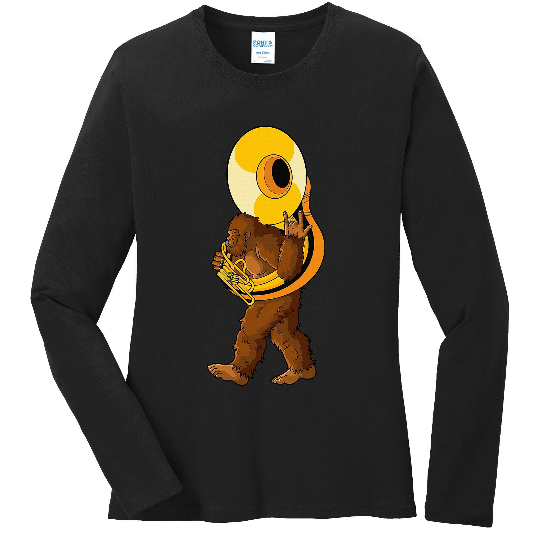 Bigfoot Playing Sousaphone Instrument Tuba Ladies Long Sleeve Shirt