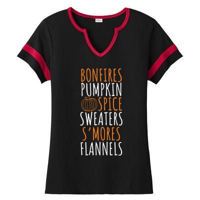 Bonfires Pumpkin Spice Smores Flannels Cute Fall Gift Ladies Halftime Notch Neck Tee