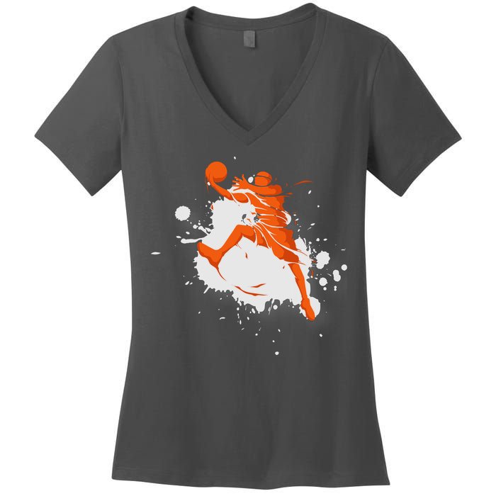 Basketball Player Slam Dunk Splash Women's V-Neck T-Shirt