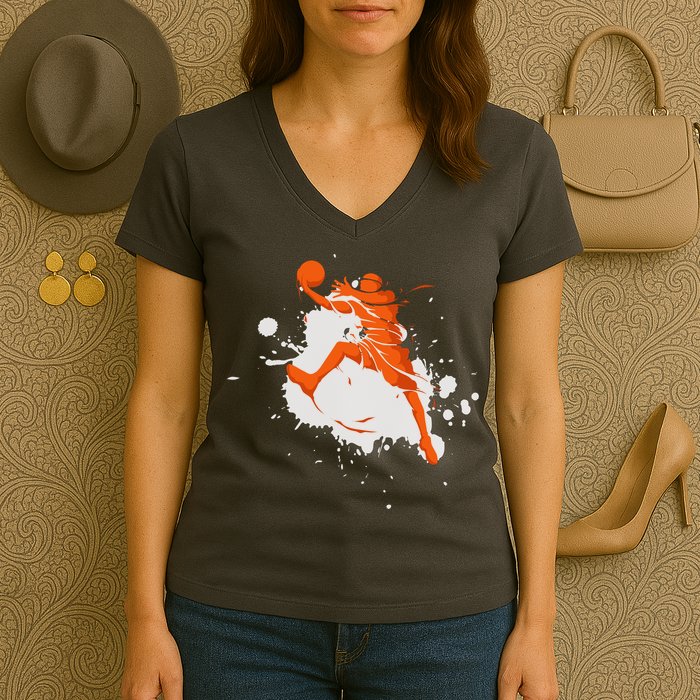 Basketball Player Slam Dunk Splash Women's V-Neck T-Shirt
