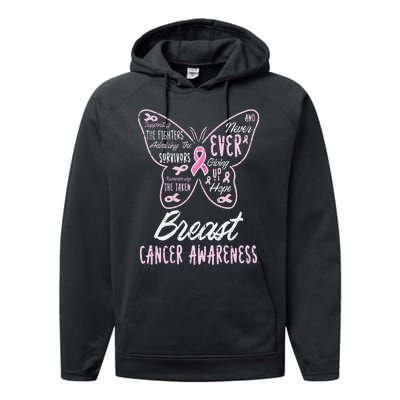 Butterfly Pink Supporting Fighters Breast Cancer Awareness Performance Fleece Hoodie