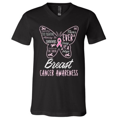 Butterfly Pink Supporting Fighters Breast Cancer Awareness V-Neck T-Shirt