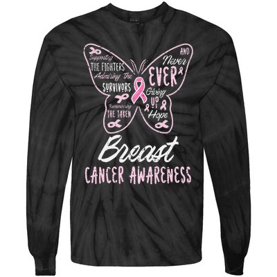 Butterfly Pink Supporting Fighters Breast Cancer Awareness Tie-Dye Long Sleeve Shirt