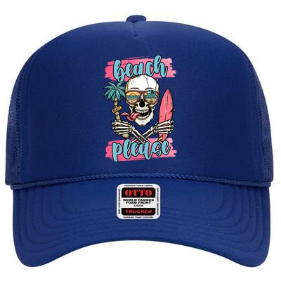 Beach Please Skeleton Vacation Funny High Crown Mesh Back Trucker Hat