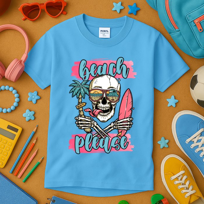 Beach Please Skeleton Vacation Funny Kids T-Shirt