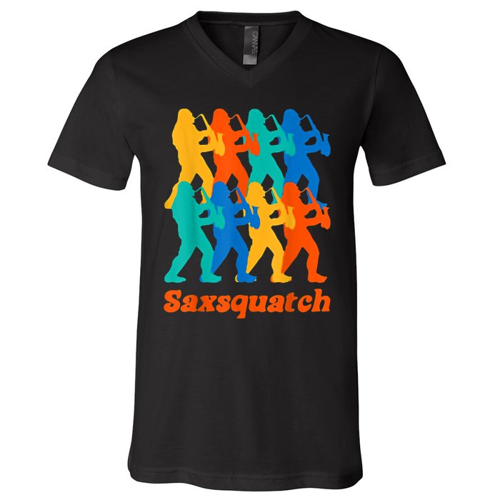 Bigfoot Playing Saxophone Saxsquatch V-Neck T-Shirt