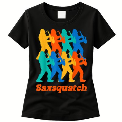 Bigfoot Playing Saxophone Saxsquatch Womens T-Shirt