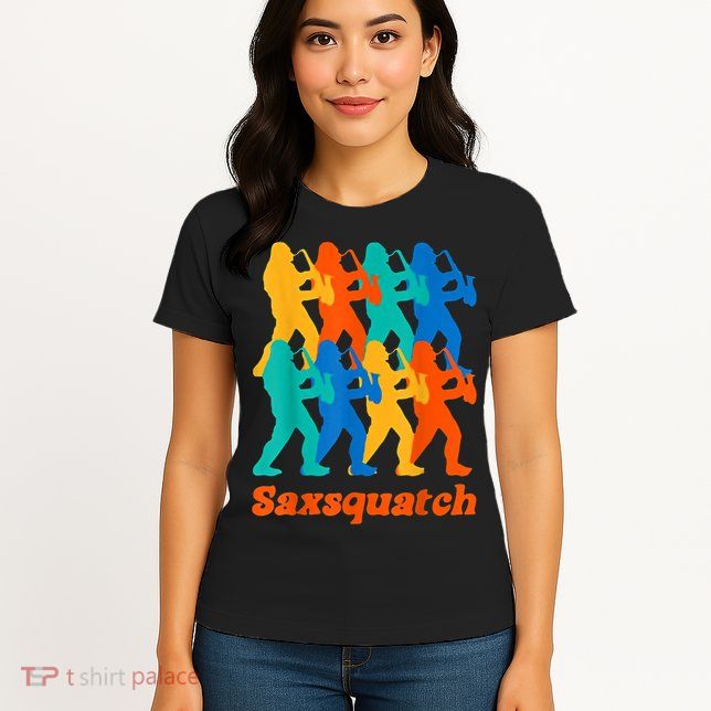 Bigfoot Playing Saxophone Saxsquatch Womens T-Shirt