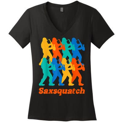 Bigfoot Playing Saxophone Saxsquatch Women's V-Neck T-Shirt