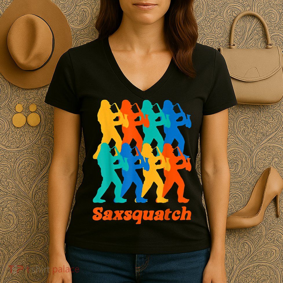 Bigfoot Playing Saxophone Saxsquatch Women's V-Neck T-Shirt
