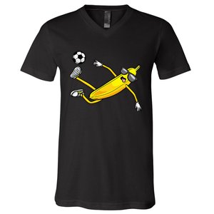 Banana Playing Soccer Fruit Soccer Player V-Neck T-Shirt