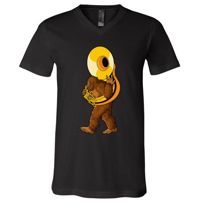 Bigfoot Playing Sousaphone Instrument Tuba V-Neck T-Shirt