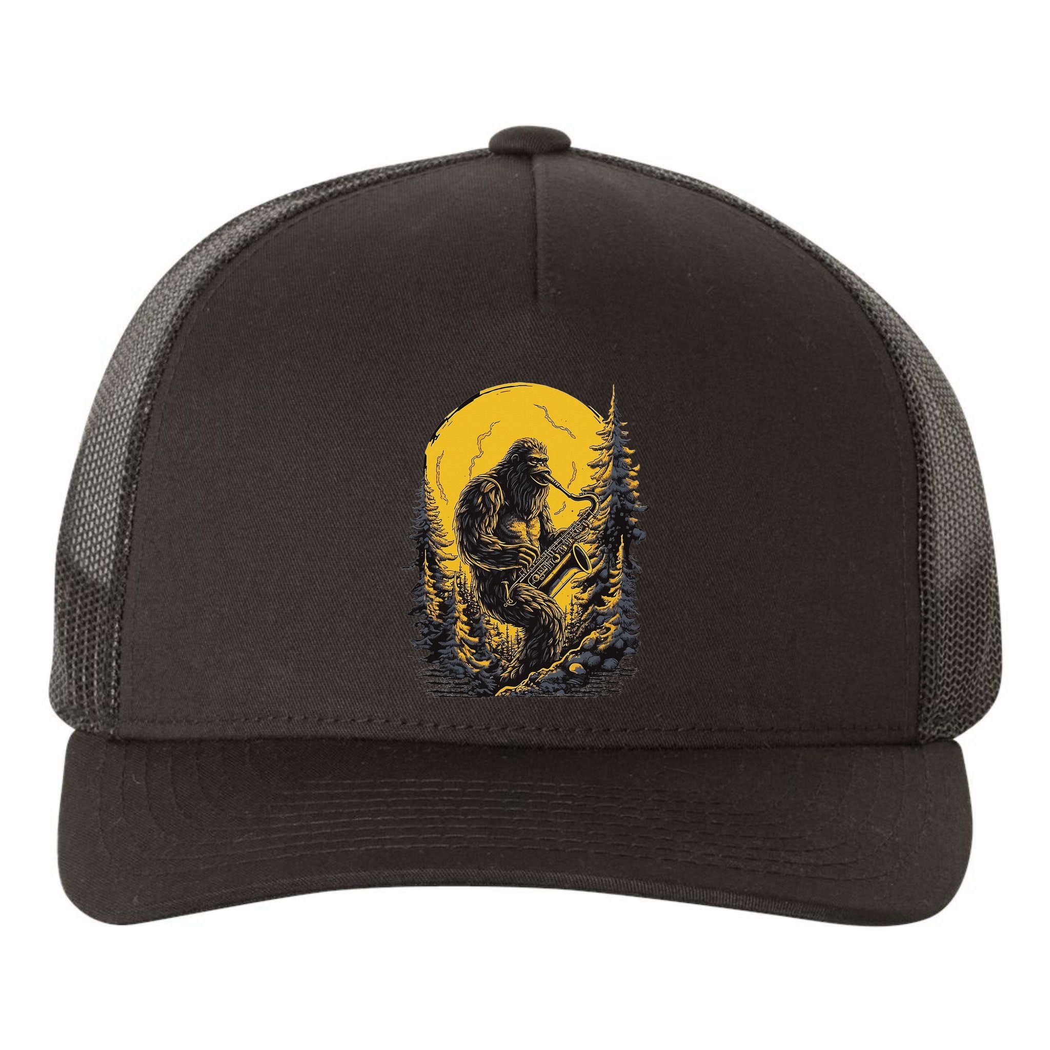 Bigfoot Playing Saxophone Aesthetic Sasquatch Saxophone Yupoong Adult 5-Panel Trucker Hat