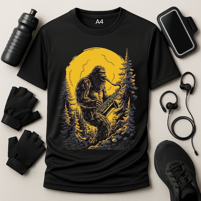 Bigfoot Playing Saxophone Aesthetic Sasquatch Saxophone Performance Shirt