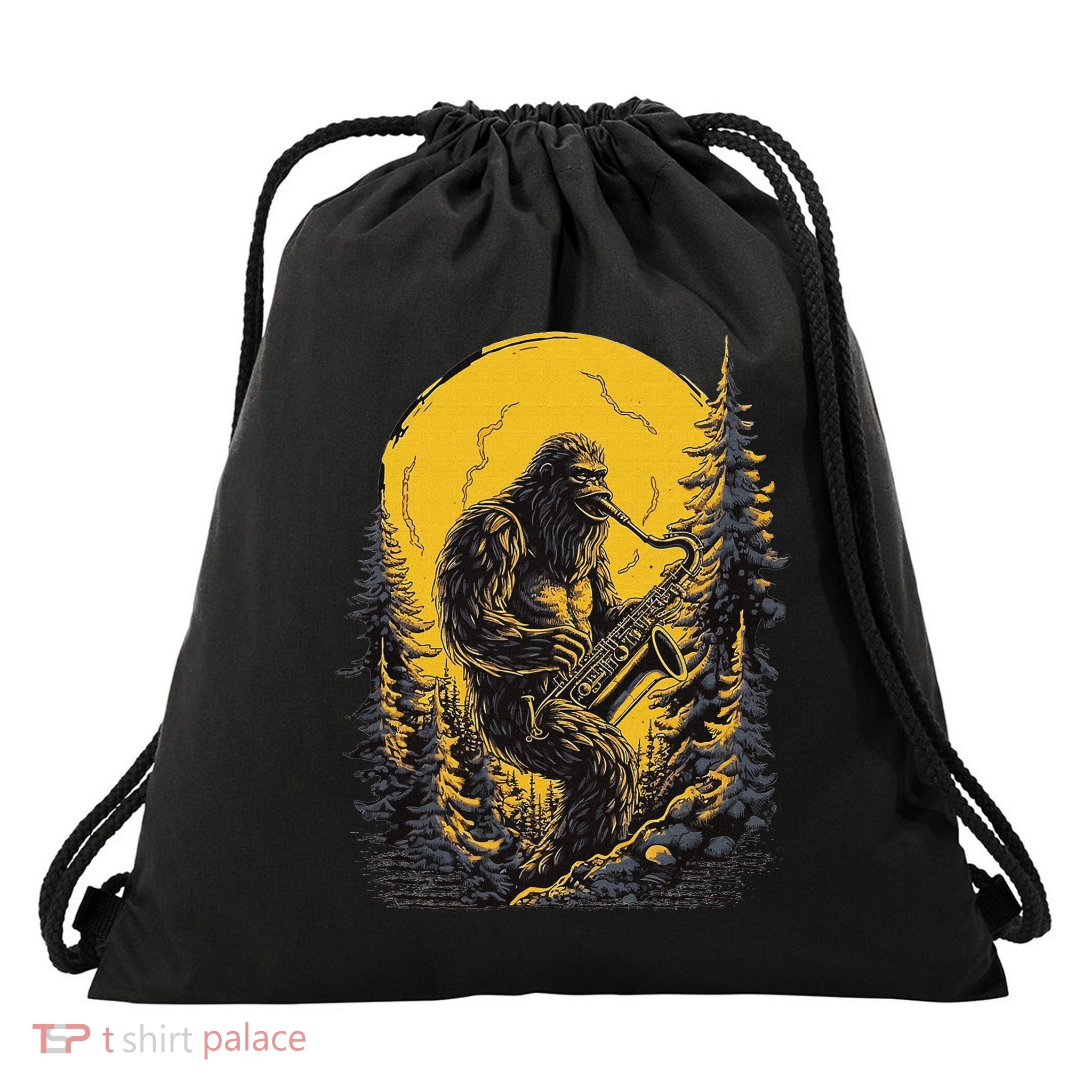 Bigfoot Playing Saxophone Aesthetic Sasquatch Saxophone Drawstring Bag