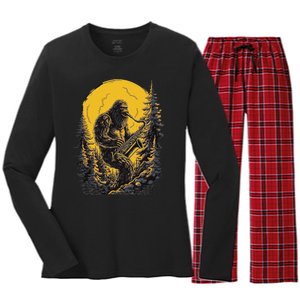 Bigfoot Playing Saxophone Aesthetic Sasquatch Saxophone Women's Long Sleeve Flannel Pajama Set 