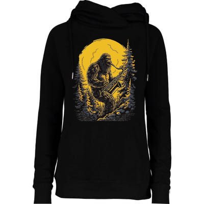 Bigfoot Playing Saxophone Aesthetic Sasquatch Saxophone Womens Funnel Neck Pullover Hood