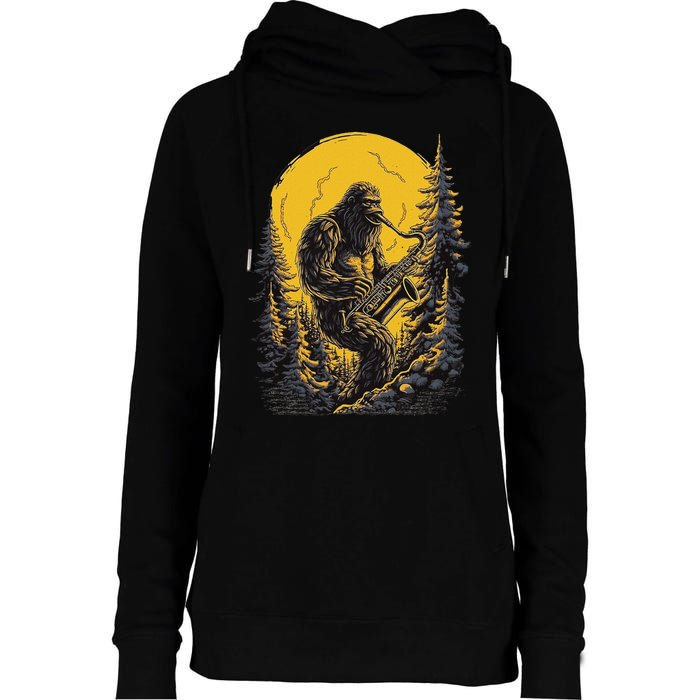 Bigfoot Playing Saxophone Aesthetic Sasquatch Saxophone Womens Funnel Neck Pullover Hood