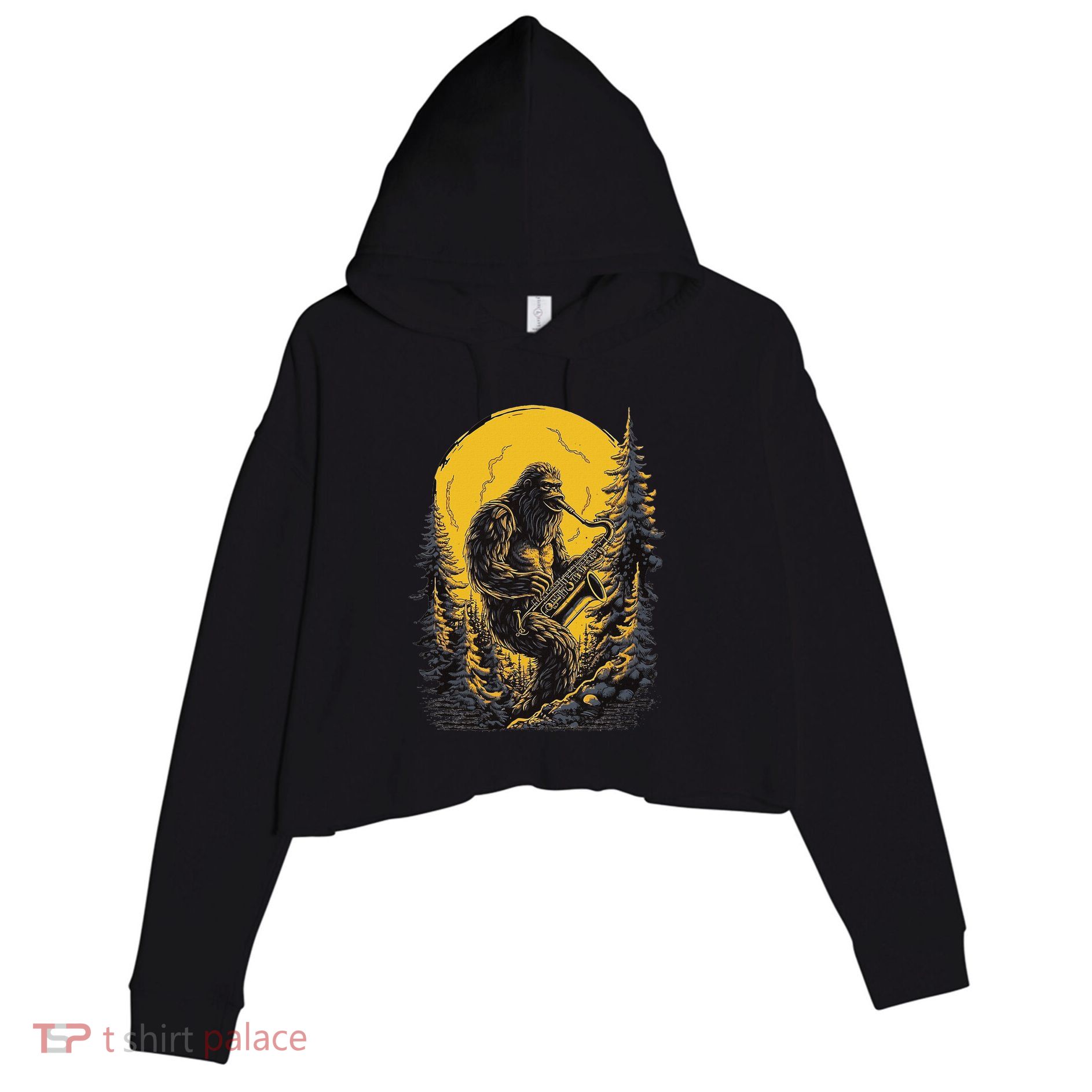 Bigfoot Playing Saxophone Aesthetic Sasquatch Saxophone Crop Fleece Hoodie