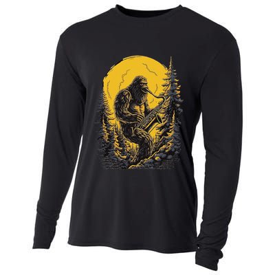 Bigfoot Playing Saxophone Aesthetic Sasquatch Saxophone Cooling Performance Long Sleeve Crew