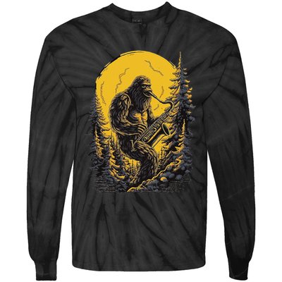 Bigfoot Playing Saxophone Aesthetic Sasquatch Saxophone Tie-Dye Long Sleeve Shirt