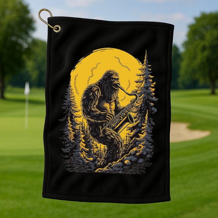 Bigfoot Playing Saxophone Aesthetic Sasquatch Saxophone Golf Towel