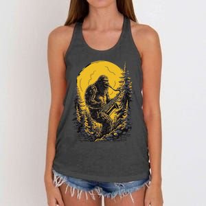 Bigfoot Playing Saxophone Aesthetic Sasquatch Saxophone Women's Knotted Racerback Tank