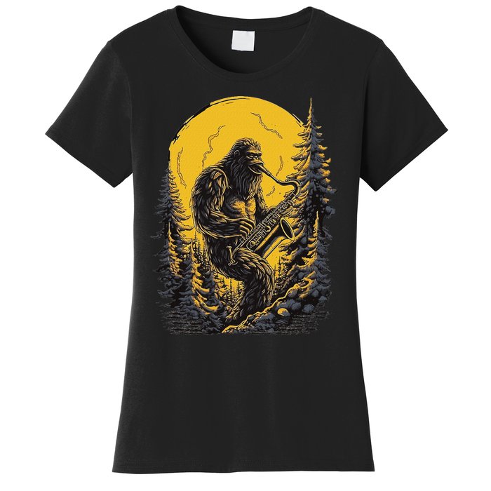 Bigfoot Playing Saxophone Aesthetic Sasquatch Saxophone Women's T-Shirt