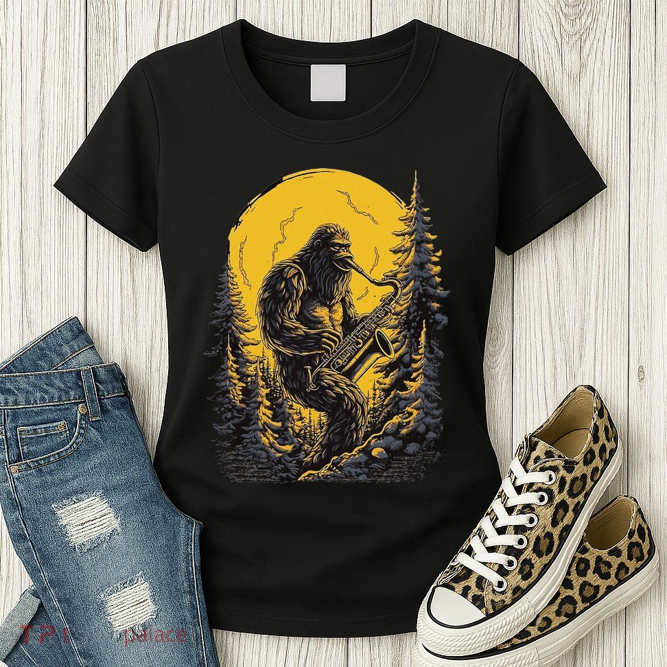 Bigfoot Playing Saxophone Aesthetic Sasquatch Saxophone Womens T-Shirt