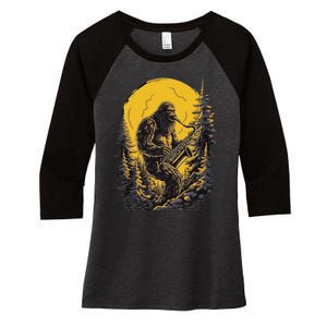 Bigfoot Playing Saxophone Aesthetic Sasquatch Saxophone Women's Tri-Blend 3/4-Sleeve Raglan Shirt