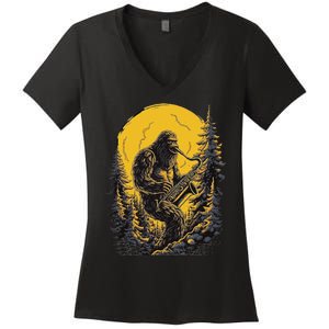 Bigfoot Playing Saxophone Aesthetic Sasquatch Saxophone Women's V-Neck T-Shirt