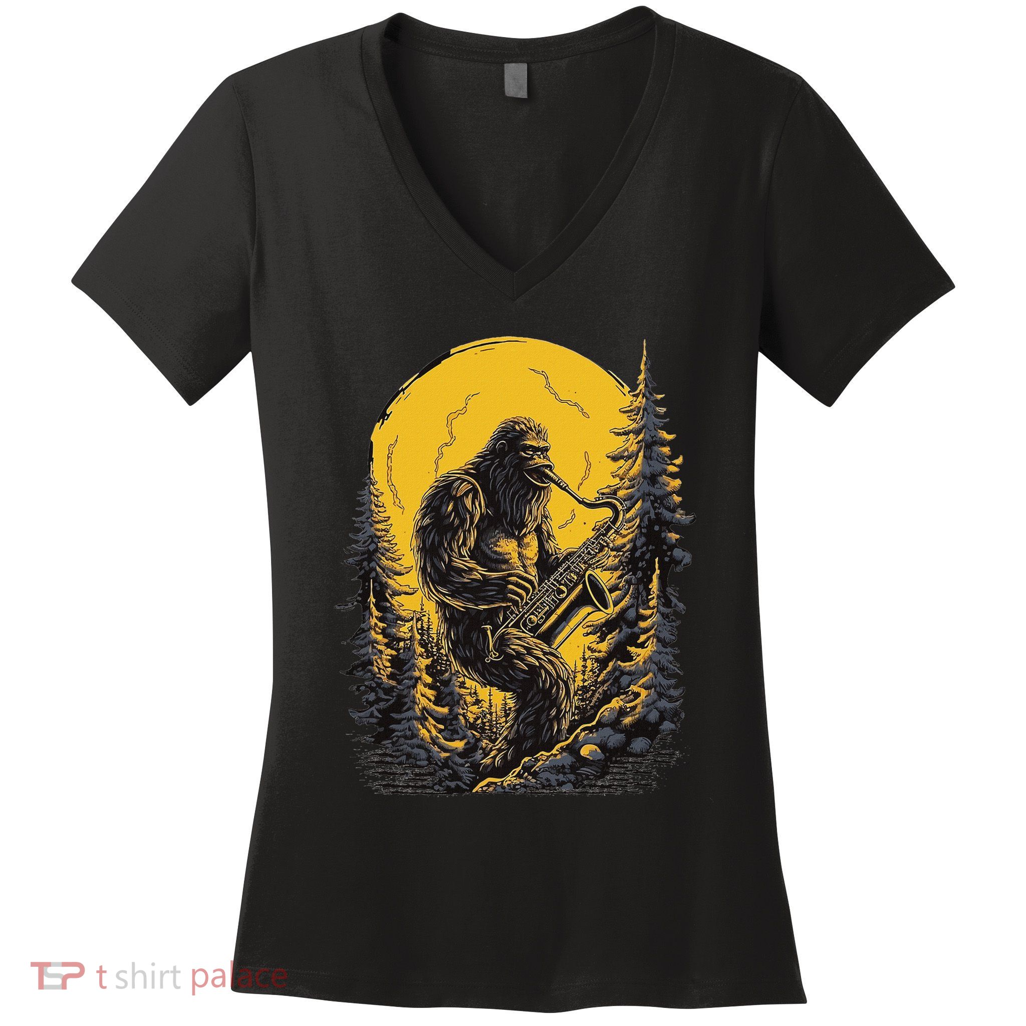 Bigfoot Playing Saxophone Aesthetic Sasquatch Saxophone Women's V-Neck T-Shirt