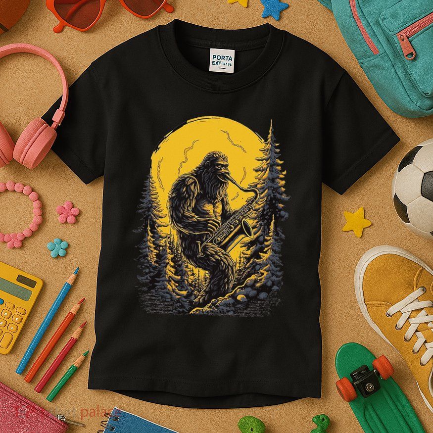 Bigfoot Playing Saxophone Aesthetic Sasquatch Saxophone Kids T-Shirt