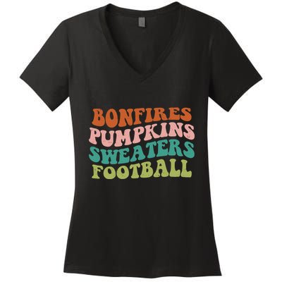 Bonfires Pumpkins Sweaters Football Fall Season Women's V-Neck T-Shirt