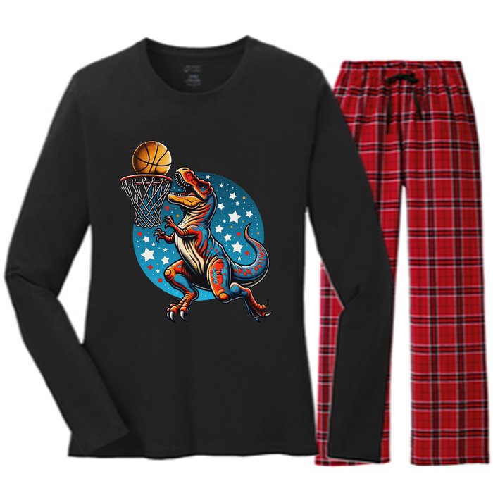 Basketball Player Trex Dinosaur Women's Long Sleeve Flannel Pajama Set 