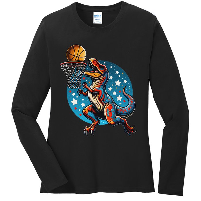 Basketball Player Trex Dinosaur Ladies Long Sleeve Shirt