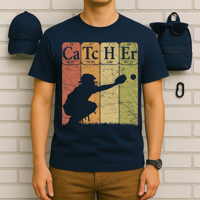 Baseball Periodic Table Elements Nerd Baseball Catcher Retro T-Shirt