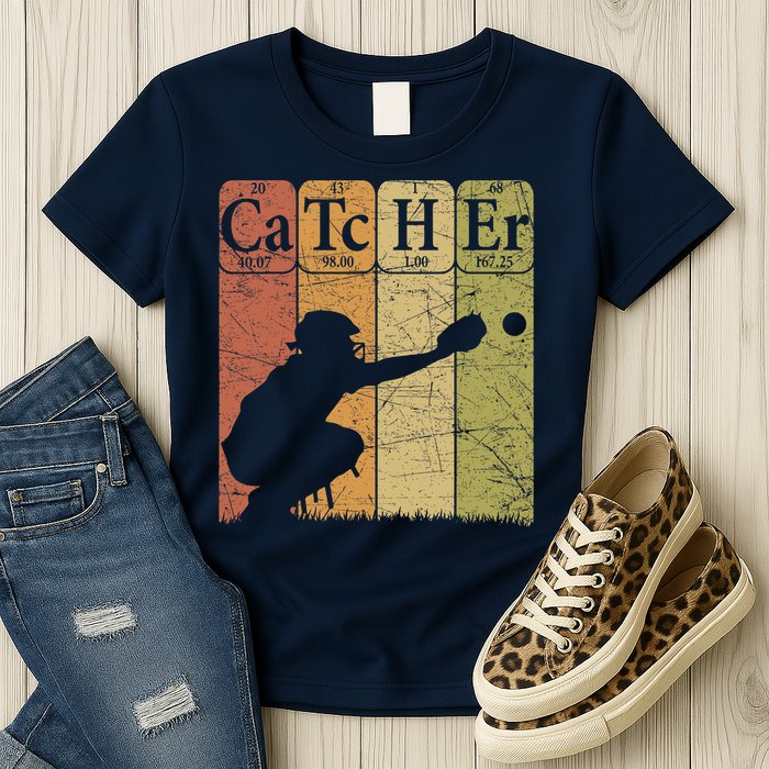 Baseball Periodic Table Elements Nerd Baseball Catcher Retro Womens T-Shirt