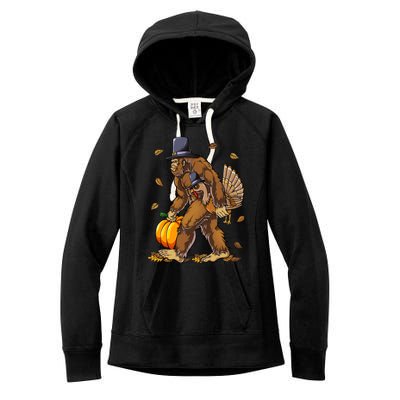 Bigfoot Pilgrim Turkey Pumpkin Thanksgiving Day Funny Gift Women's Fleece Hoodie