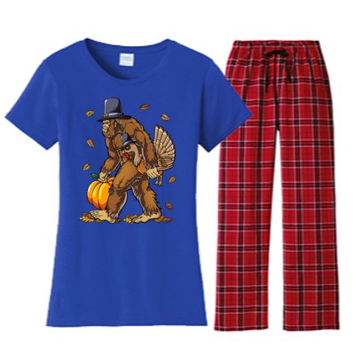 Bigfoot Pilgrim Turkey Pumpkin Thanksgiving Day Funny Gift Women's Flannel Pajama Set