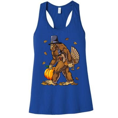 Bigfoot Pilgrim Turkey Pumpkin Thanksgiving Day Funny Gift Women's Racerback Tank