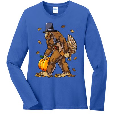 Bigfoot Pilgrim Turkey Pumpkin Thanksgiving Day Funny Gift Ladies Long Sleeve Shirt