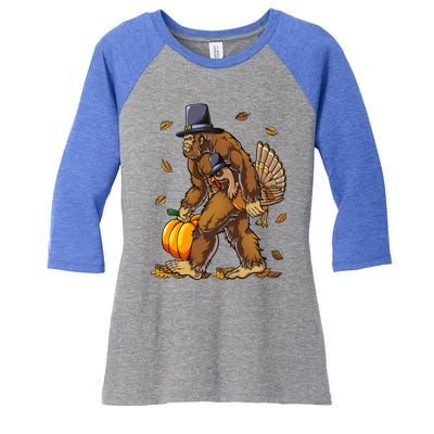 Bigfoot Pilgrim Turkey Pumpkin Thanksgiving Day Funny Gift Women's Tri-Blend 3/4-Sleeve Raglan Shirt